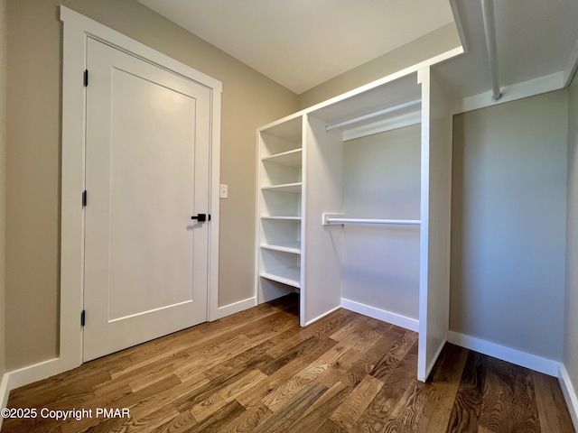 walk in closet with wood finished floors