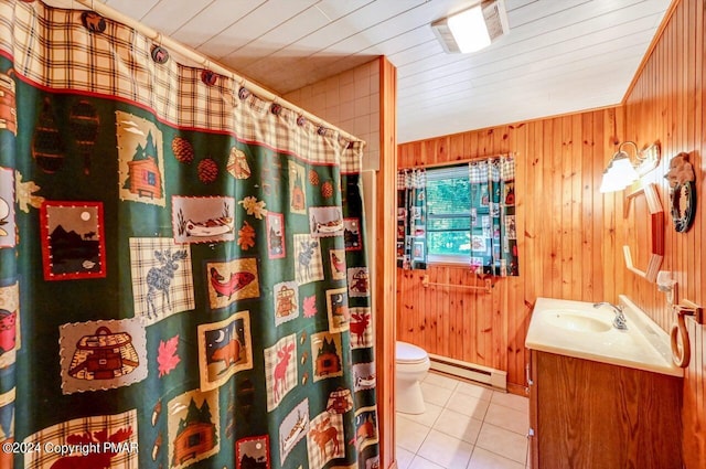 full bath with visible vents, toilet, a baseboard heating unit, wooden walls, and tile patterned flooring