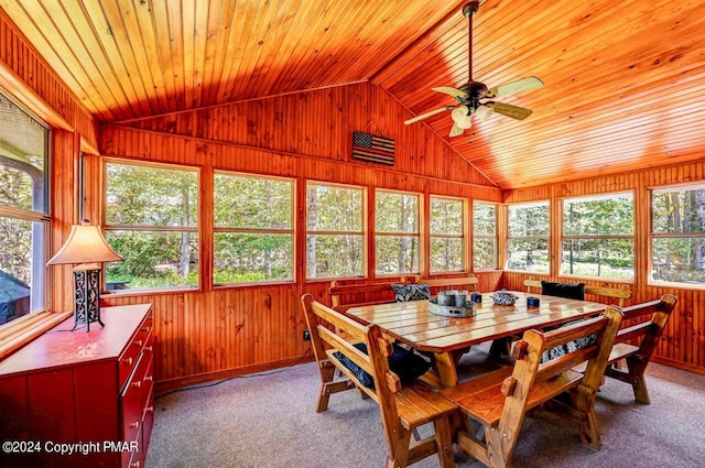 sunroom / solarium featuring a ceiling fan, lofted ceiling, and wooden ceiling