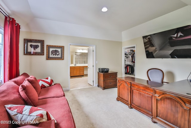 office area with light carpet, baseboards, and recessed lighting