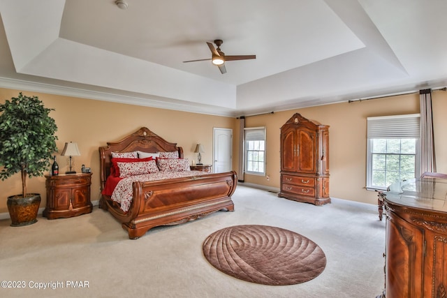 bedroom with ceiling fan, carpet floors, a tray ceiling, and baseboards