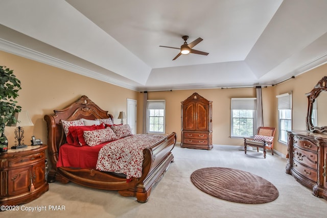 bedroom featuring carpet floors, a tray ceiling, a ceiling fan, and baseboards