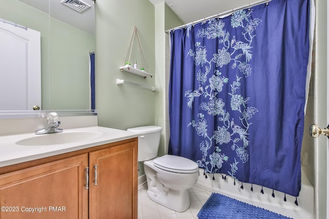 full bathroom with tile patterned flooring, visible vents, vanity, and toilet