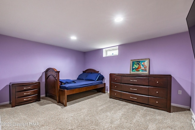 bedroom featuring baseboards, carpet flooring, and recessed lighting