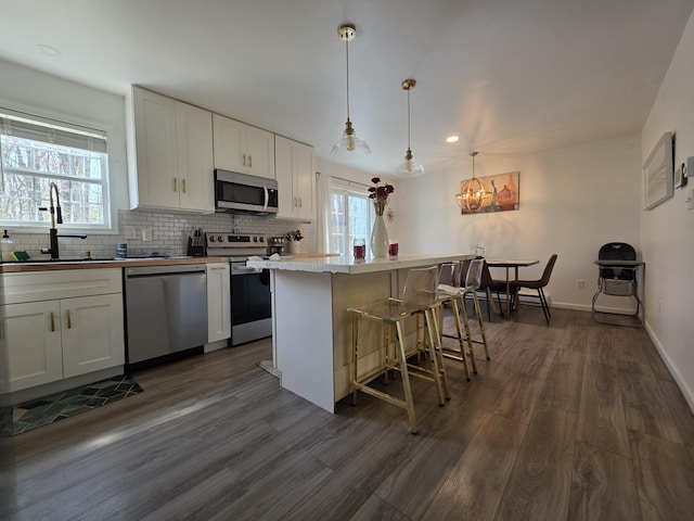 1490 Waterfront Dr, Tobyhanna, PA 18466 - kitchen with appliances with stainless steel finishes, a sink, dark wood-type flooring, tasteful backsplash, and recessed lighting