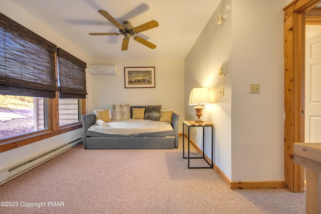carpeted bedroom featuring an AC wall unit, ceiling fan, baseboard heating, and baseboards