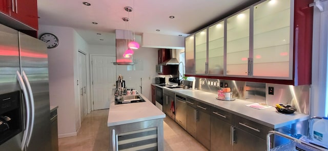 6251 Decker Rd, Bushkill, PA 18324 - kitchen featuring appliances with stainless steel finishes, wall chimney range hood, wine cooler, light countertops, and pendant lighting