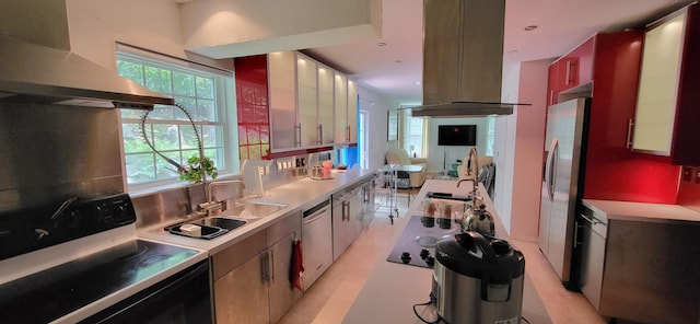 6251 Decker Rd, Bushkill, PA 18324 - kitchen featuring wall chimney exhaust hood, stainless steel appliances, island range hood, and light countertops