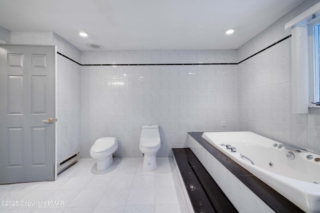 bathroom with a tub to relax in, toilet, tile walls, a baseboard radiator, and tile patterned flooring