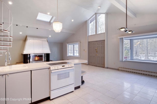 kitchen with white cabinetry, sink, a baseboard radiator, and white range with electric stovetop