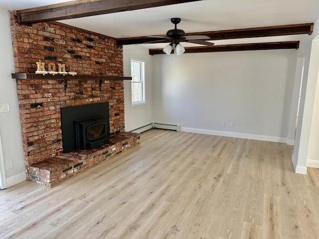 248 Seneca Dr, Milford, PA 18337 - unfurnished living room with beam ceiling, wood finished floors, ceiling fan, a wood stove, and a baseboard radiator