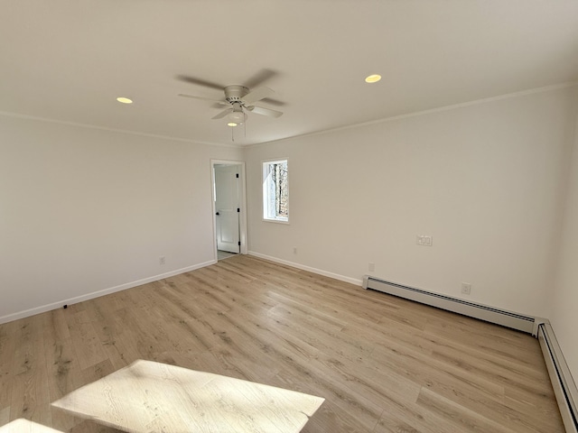 248 Seneca Dr, Milford, PA 18337 - empty room featuring a baseboard radiator, ceiling fan, light wood-style flooring, recessed lighting, and crown molding