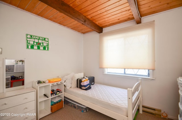 bedroom featuring wooden ceiling, carpet flooring, beamed ceiling, and baseboard heating