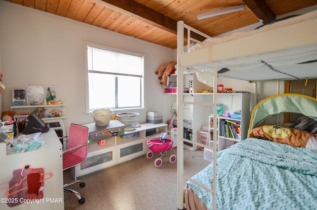 bedroom featuring wood ceiling and beamed ceiling