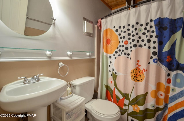 bathroom featuring a sink, toilet, and a shower with curtain