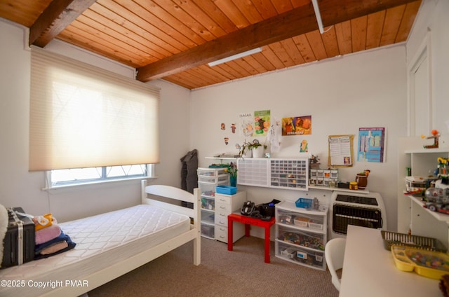 bedroom featuring wood ceiling, beam ceiling, and carpet