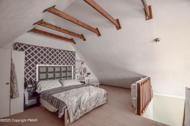 carpeted bedroom featuring vaulted ceiling with beams