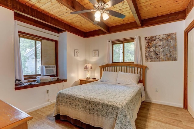 bedroom with baseboards, beamed ceiling, wooden ceiling, wood finished floors, and a ceiling fan