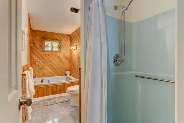 full bath featuring wooden walls, curtained shower, a tub, and toilet