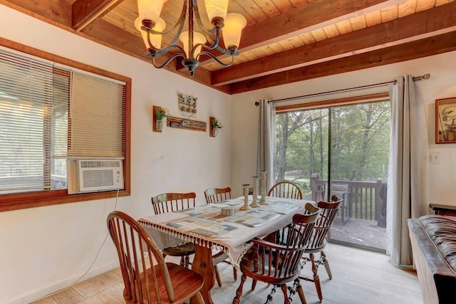 dining room featuring beamed ceiling, light wood-style floors, wood ceiling, and a chandelier