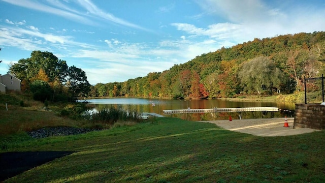 view of yard with a view of trees and a water view