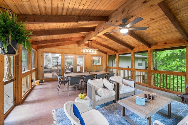 104 Jimmy Pond Ct, Pocono Pines, PA 18350 - living room featuring wood ceiling, a ceiling fan, wooden walls, and wood finished floors