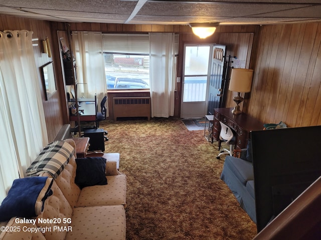 carpeted living room with wood walls and radiator heating unit