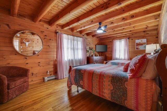 232 Stafford Dr, Bushkill, PA 18324 - bedroom featuring a baseboard radiator, wooden walls, wood finished floors, beamed ceiling, and wood ceiling