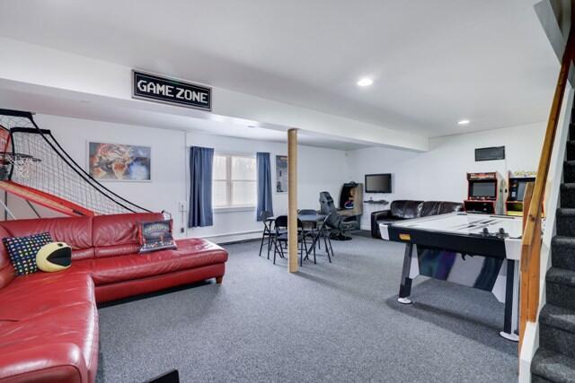 232 Stafford Dr, Bushkill, PA 18324 - rec room with carpet flooring, recessed lighting, and a baseboard radiator