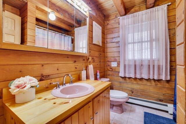 232 Stafford Dr, Bushkill, PA 18324 - bathroom featuring wood ceiling, baseboard heating, wooden walls, toilet, and beam ceiling