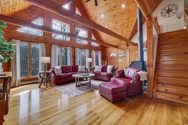 232 Stafford Dr, Bushkill, PA 18324 - living area with wood finished floors, high vaulted ceiling, wooden ceiling, wooden walls, and a baseboard heating unit