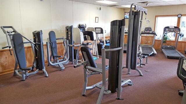232 Stafford Dr, Bushkill, PA 18324 - exercise room with wooden walls and a wainscoted wall