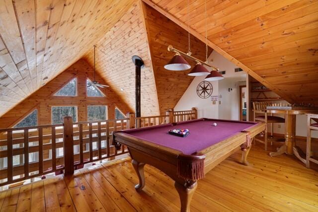 232 Stafford Dr, Bushkill, PA 18324 - rec room with lofted ceiling, hardwood / wood-style floors, ceiling fan, wood ceiling, and billiards