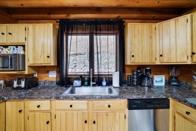 232 Stafford Dr, Bushkill, PA 18324 - kitchen with appliances with stainless steel finishes, a sink, light brown cabinets, beamed ceiling, and dark countertops