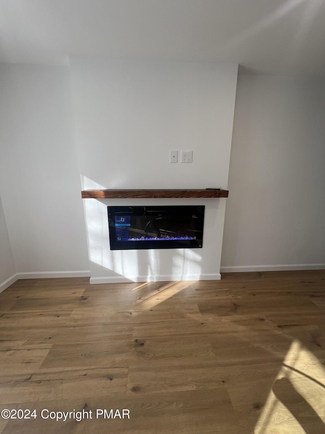 room details with a glass covered fireplace, baseboards, and wood finished floors