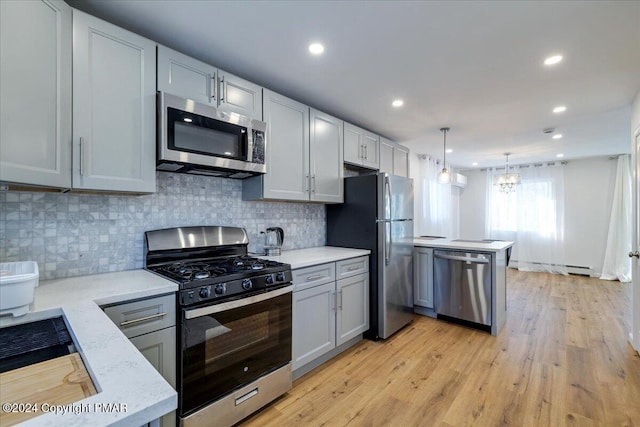 kitchen with light wood finished floors, tasteful backsplash, stainless steel appliances, gray cabinetry, and pendant lighting