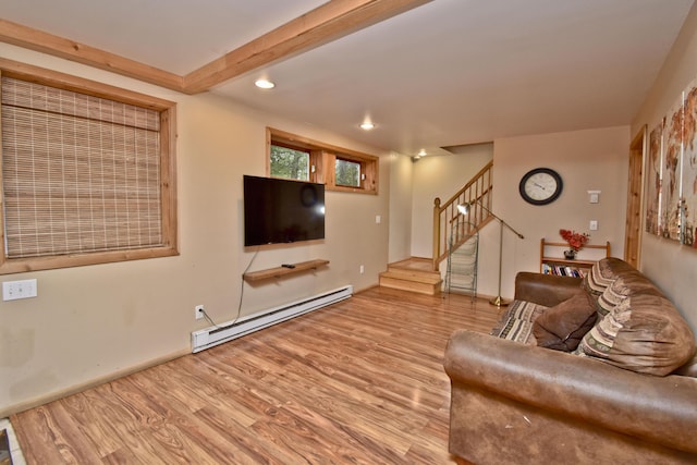 1046 Maple Dr, Pocono Lake, PA 18347 - living area with a baseboard heating unit, wood finished floors, stairs, recessed lighting, and beam ceiling