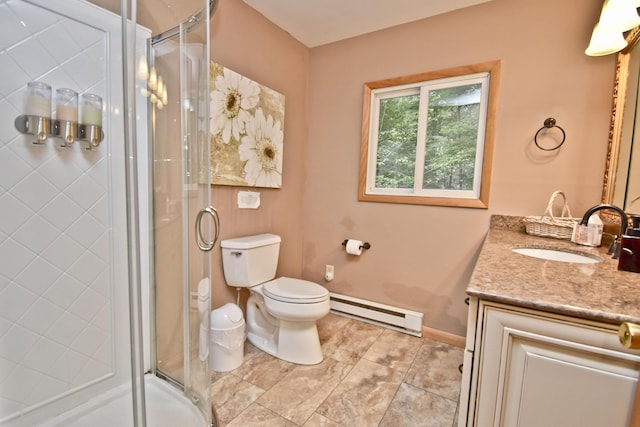1046 Maple Dr, Pocono Lake, PA 18347 - bathroom featuring baseboard heating, vanity, a shower stall, and tile patterned flooring