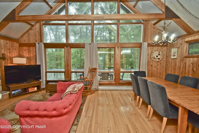 1046 Maple Dr, Pocono Lake, PA 18347 - living room featuring wood walls, a chandelier, hardwood / wood-style flooring, plenty of natural light, and high vaulted ceiling
