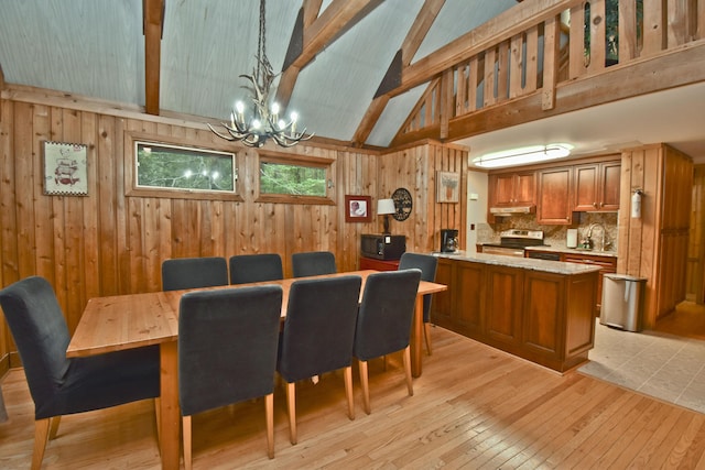 1046 Maple Dr, Pocono Lake, PA 18347 - dining room featuring beam ceiling, wooden walls, a chandelier, light wood-style flooring, and high vaulted ceiling