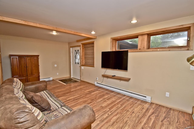 1046 Maple Dr, Pocono Lake, PA 18347 - living room featuring baseboard heating, wood finished floors, recessed lighting, and beam ceiling
