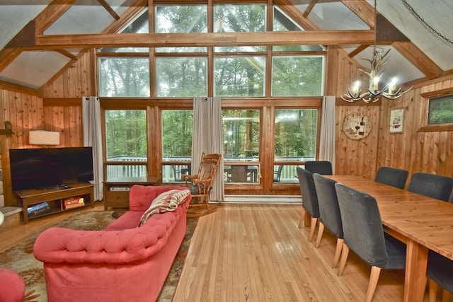 1046 Maple Dr, Pocono Lake, PA 18347 - living area with wooden walls, a chandelier, wood-type flooring, healthy amount of natural light, and high vaulted ceiling