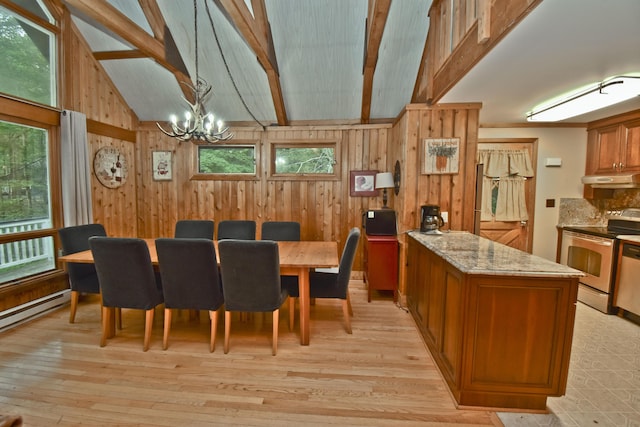 1046 Maple Dr, Pocono Lake, PA 18347 - dining room featuring a chandelier, wooden walls, light wood-type flooring, and a baseboard heating unit