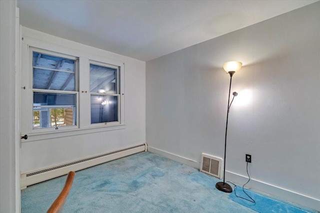 carpeted empty room featuring visible vents, baseboards, and baseboard heating