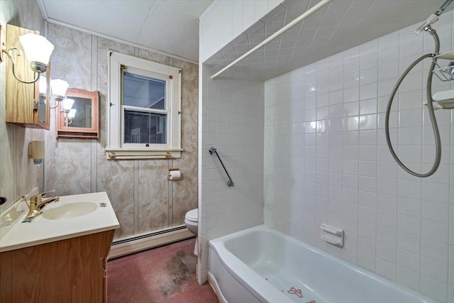 bathroom featuring toilet, a baseboard heating unit, shower / bathtub combination, wallpapered walls, and vanity