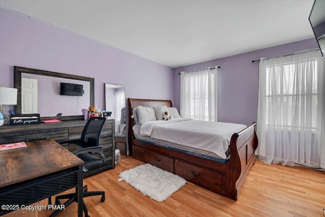 bedroom with multiple windows and light hardwood / wood-style flooring