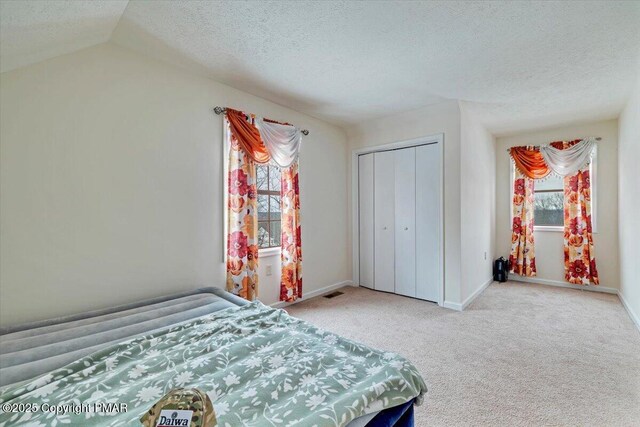 bedroom featuring vaulted ceiling, light carpet, a textured ceiling, and a closet