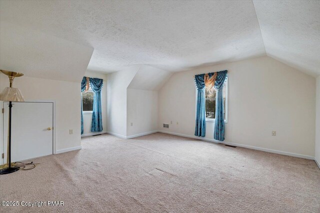 bonus room with vaulted ceiling, light carpet, and a textured ceiling