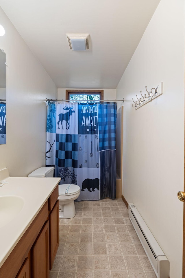 full bath featuring toilet, a baseboard heating unit, vanity, visible vents, and shower / bath combo with shower curtain