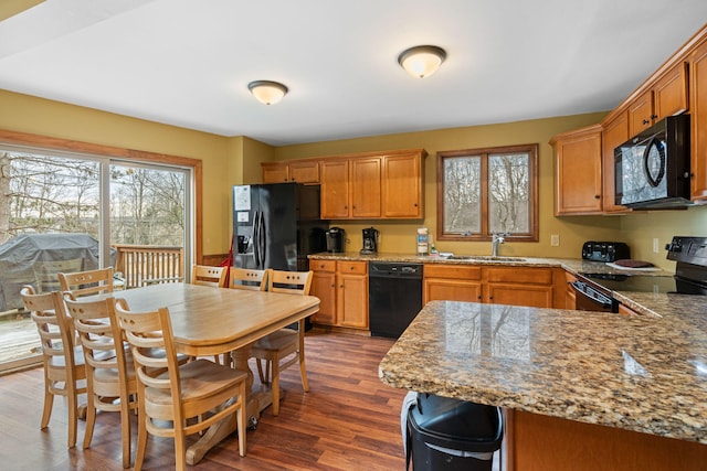 kitchen featuring a sink, black appliances, dark wood-style flooring, and a wealth of natural light